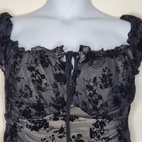 Black Floral Lace Mesh Milkmaid Top Plus Size 2XL Ruffle Flutter Sleeve Coquette - Picture 2 of 11